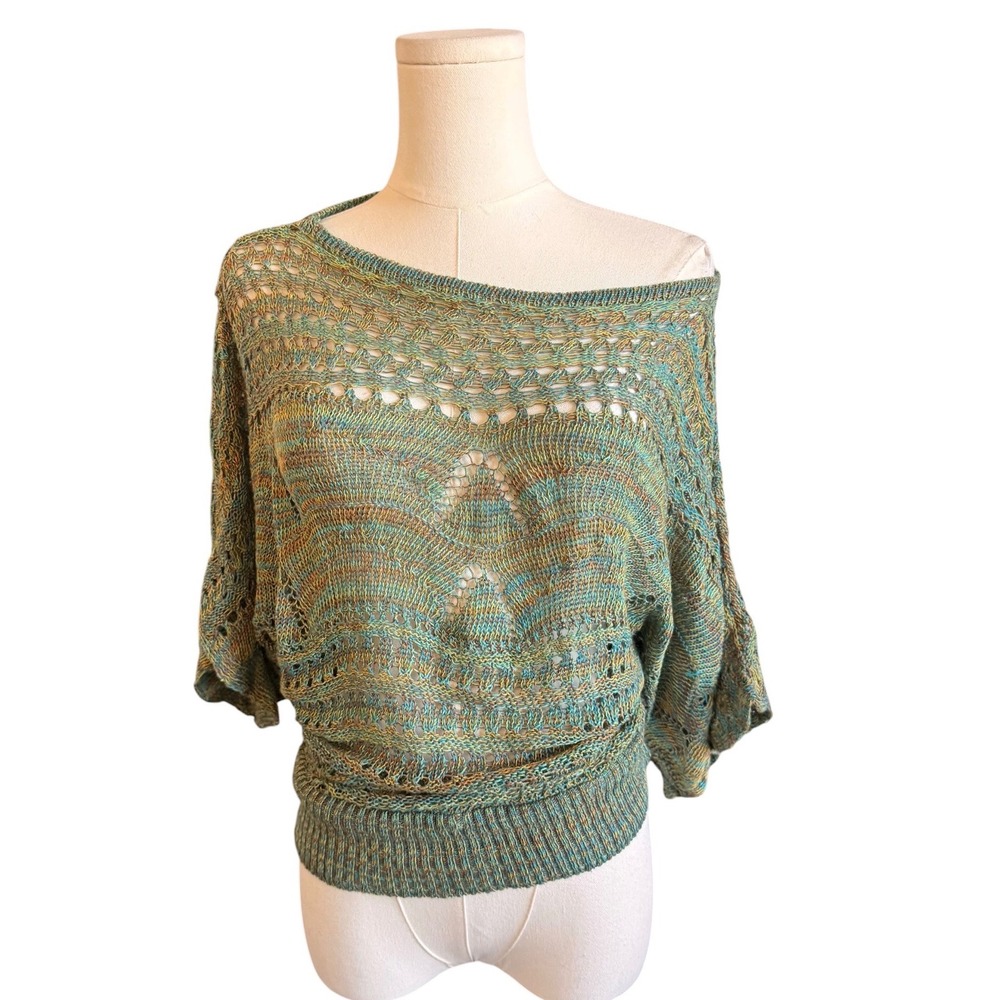 Body Central Women Large Teal Multi Knit Off Shoulder Dolman Sleeve Blouson Top